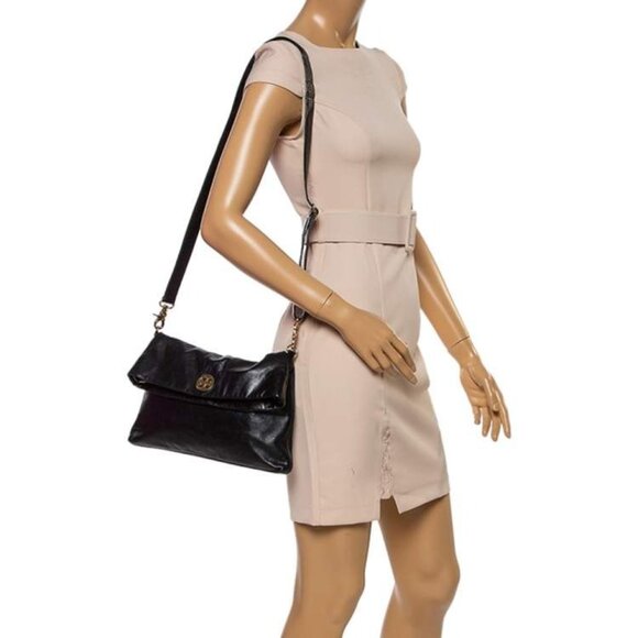 Tory Burch Black Leather Fold-Over Adjustable Strap Gold Tone Logo Crossbody Bag - Picture 2 of 16